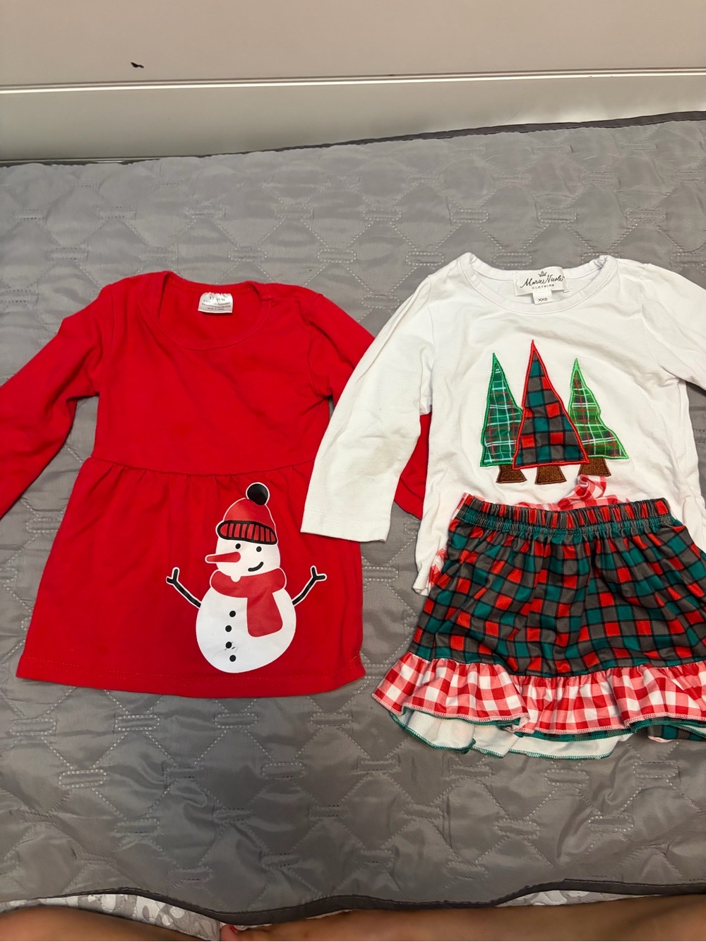 Marie Nicole Christmas tree skirt set and Snowman boutique dress